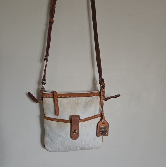 Dooney & Bourke White Monogram Canvas Crossbody Bag with Brown Leather Trim - Picture 1 of 11
